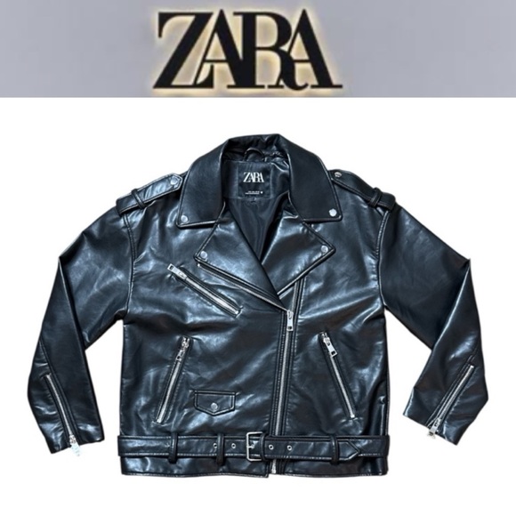 Zara Other - ZARA BLACK FAUX LEATHER MOTO BIKER JACKET BELTED ZIP COAT SIZE LARGE **NWOT**